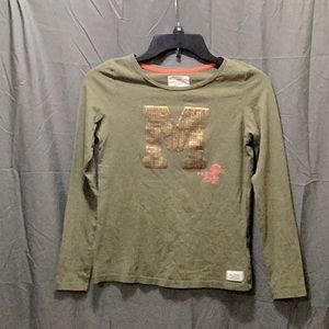 Long sleeve navy green shirt with sequined letter m